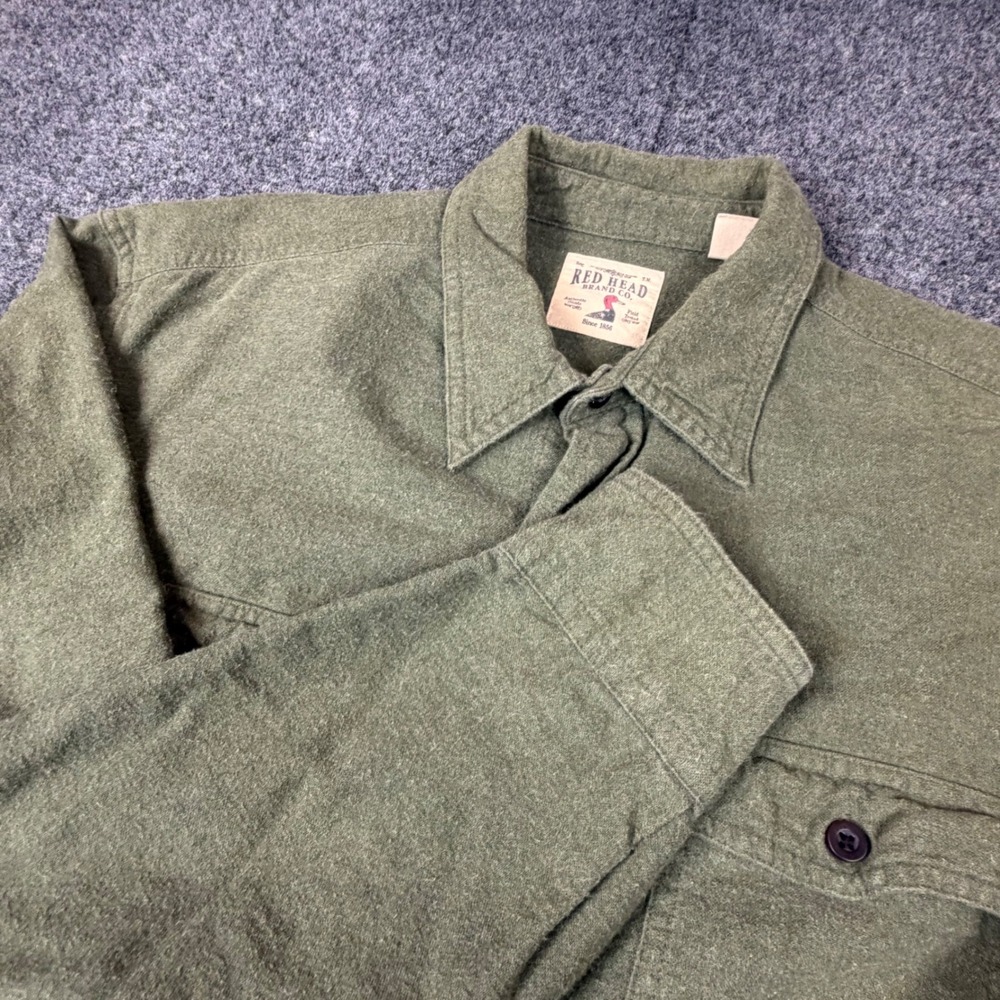 RedHead Brand Co Mens Large Olive Green Button Down Flannel Shirt Outdoor Rugged